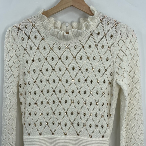 Manoush Embellished Ruffle Knit Midi Dress Long Sleeve Ivory Knit Dress Medium - Picture 3 of 9